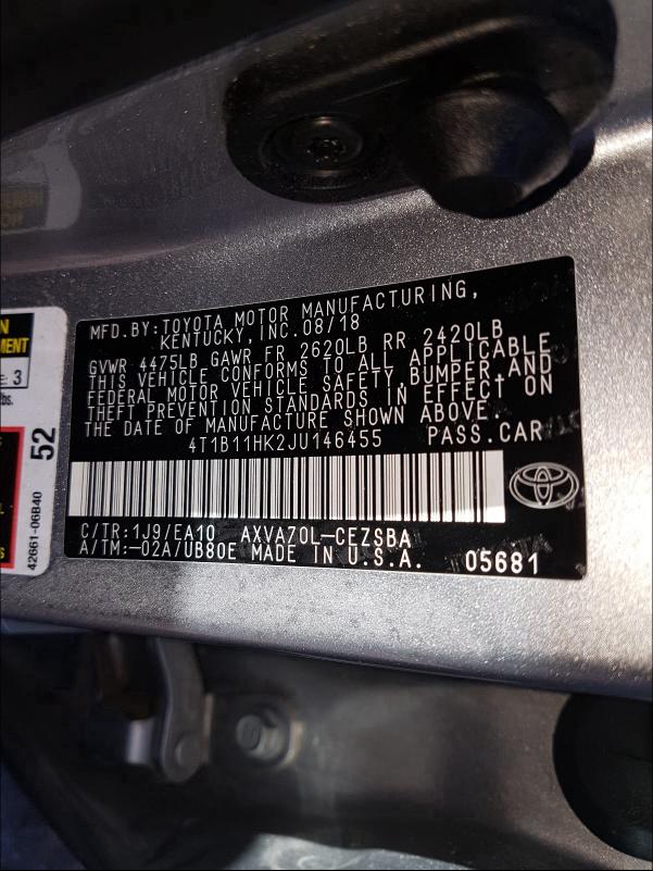 Photo 9 VIN: 4T1B11HK2JU146455 - TOYOTA CAMRY L 