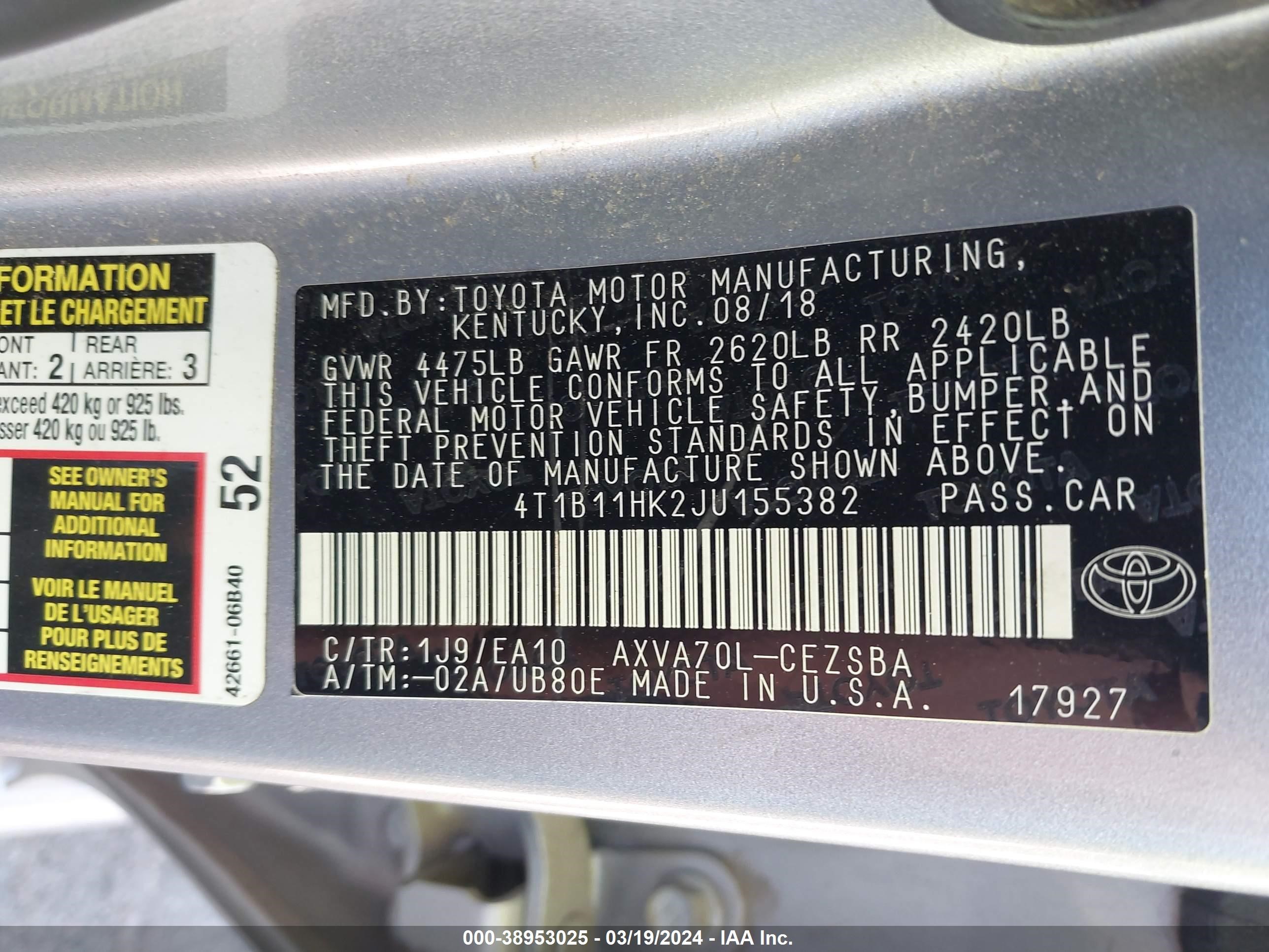 Photo 8 VIN: 4T1B11HK2JU155382 - TOYOTA CAMRY 