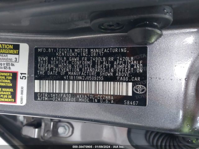 Photo 8 VIN: 4T1B11HK2JU509255 - TOYOTA CAMRY 