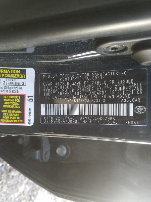 Photo 9 VIN: 4T1B11HK2JU523463 - TOYOTA CAMRY L 