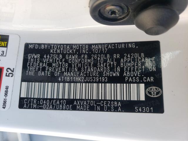 Photo 9 VIN: 4T1B11HK2JU539193 - TOYOTA CAMRY L 