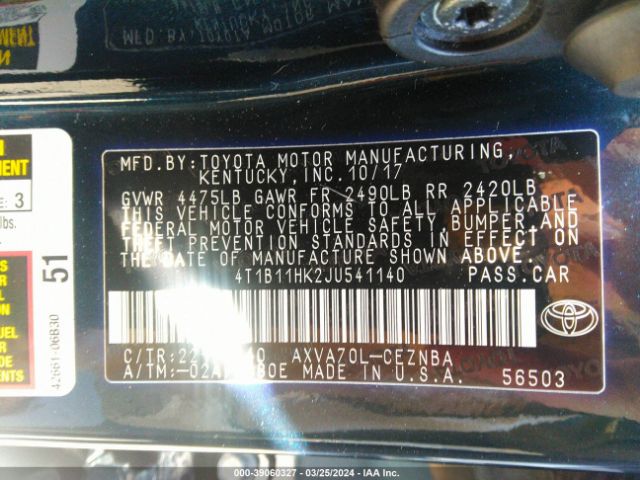 Photo 8 VIN: 4T1B11HK2JU541140 - TOYOTA CAMRY 