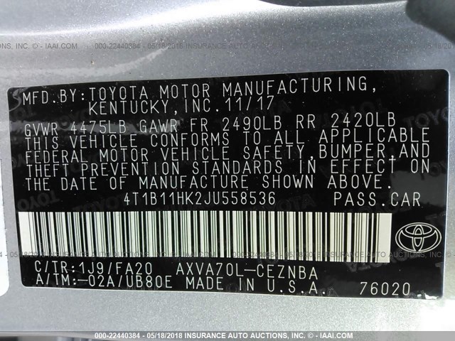 Photo 8 VIN: 4T1B11HK2JU558536 - TOYOTA CAMRY 