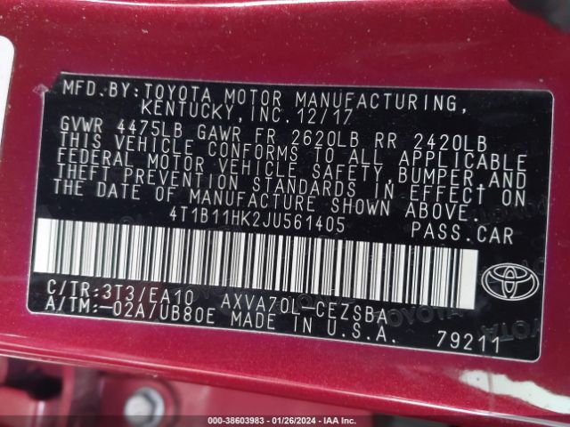 Photo 8 VIN: 4T1B11HK2JU561405 - TOYOTA CAMRY 