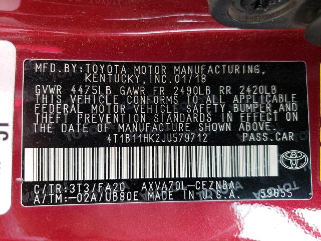 Photo 11 VIN: 4T1B11HK2JU579712 - TOYOTA CAMRY L 