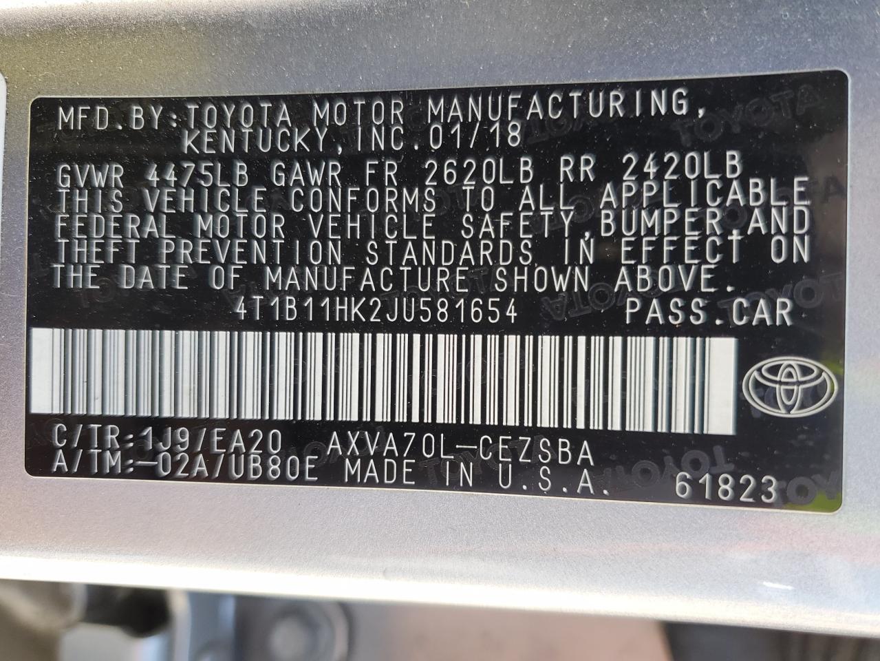 Photo 11 VIN: 4T1B11HK2JU581654 - TOYOTA CAMRY 