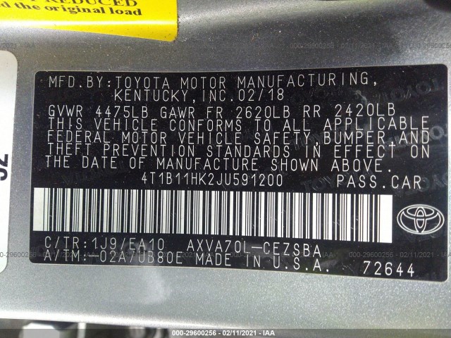 Photo 8 VIN: 4T1B11HK2JU591200 - TOYOTA CAMRY 