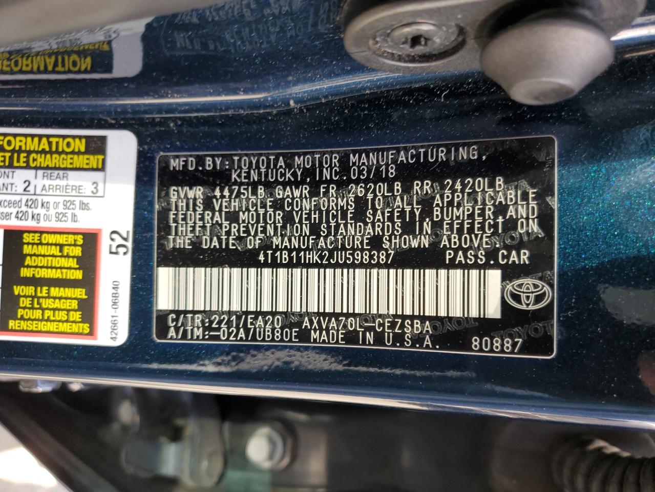 Photo 11 VIN: 4T1B11HK2JU598387 - TOYOTA CAMRY 