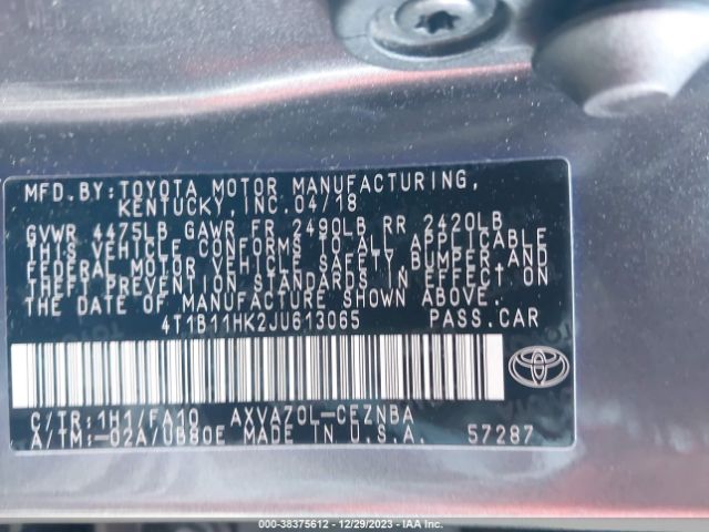 Photo 8 VIN: 4T1B11HK2JU613065 - TOYOTA CAMRY 