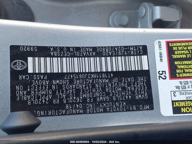 Photo 8 VIN: 4T1B11HK2JU615477 - TOYOTA CAMRY 