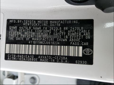 Photo 9 VIN: 4T1B11HK2JU618234 - TOYOTA CAMRY L 