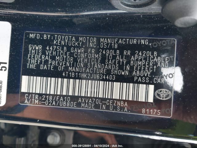 Photo 8 VIN: 4T1B11HK2JU634403 - TOYOTA CAMRY 