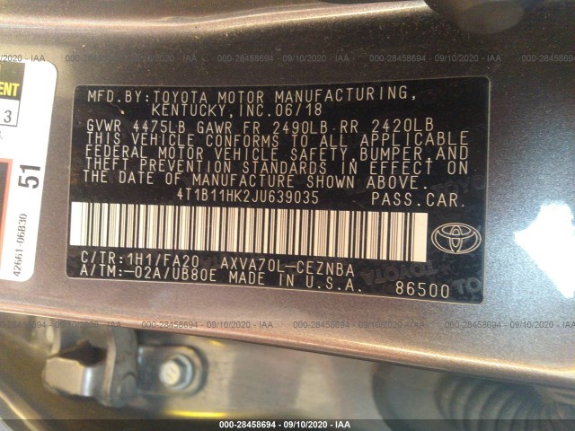 Photo 8 VIN: 4T1B11HK2JU639035 - TOYOTA CAMRY 