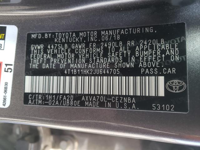 Photo 9 VIN: 4T1B11HK2JU644705 - TOYOTA CAMRY L 