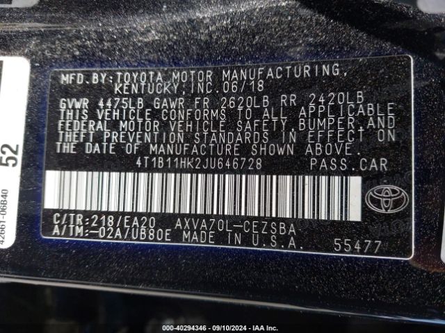 Photo 8 VIN: 4T1B11HK2JU646728 - TOYOTA CAMRY 