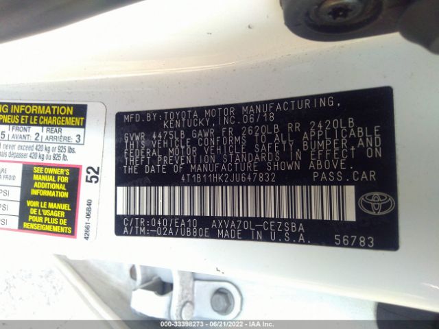 Photo 8 VIN: 4T1B11HK2JU647832 - TOYOTA CAMRY 