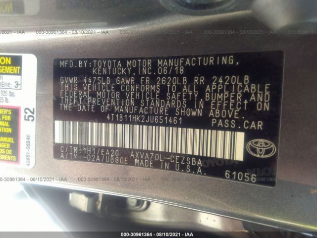 Photo 8 VIN: 4T1B11HK2JU651461 - TOYOTA CAMRY 