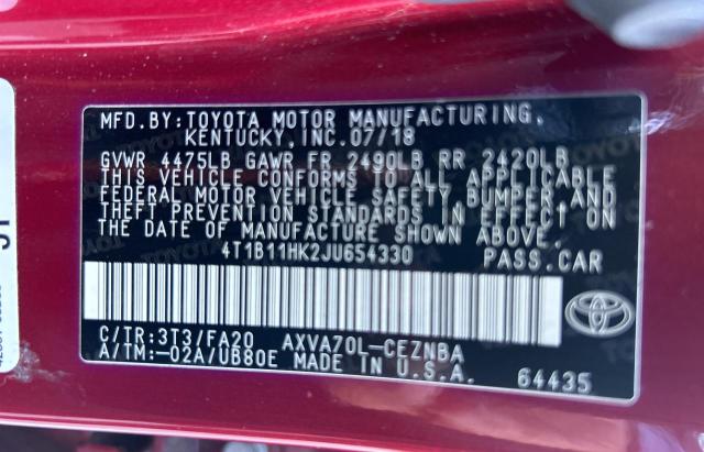 Photo 9 VIN: 4T1B11HK2JU654330 - TOYOTA CAMRY L 