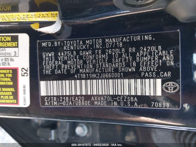 Photo 8 VIN: 4T1B11HK2JU660001 - TOYOTA CAMRY 