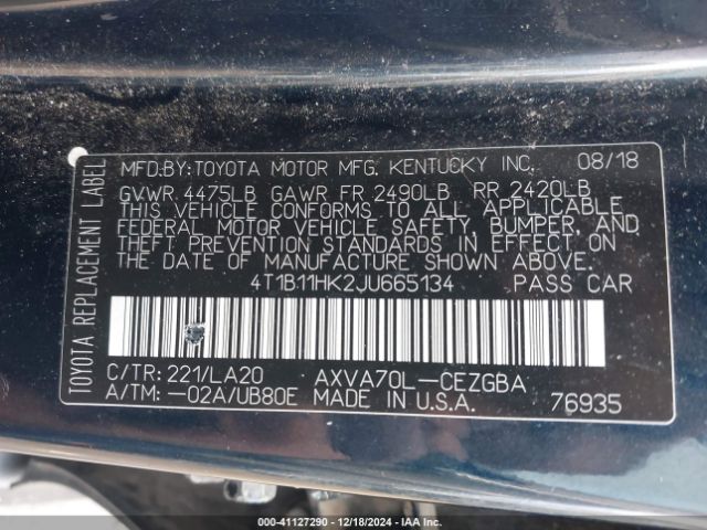 Photo 8 VIN: 4T1B11HK2JU665134 - TOYOTA CAMRY 