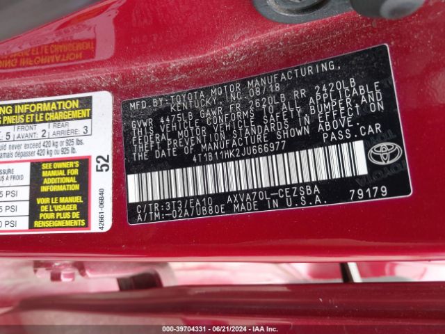 Photo 8 VIN: 4T1B11HK2JU666977 - TOYOTA CAMRY 