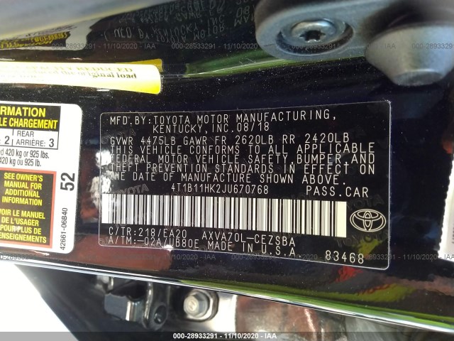 Photo 8 VIN: 4T1B11HK2JU670768 - TOYOTA CAMRY 