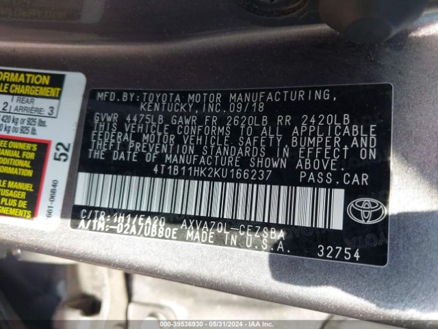 Photo 8 VIN: 4T1B11HK2KU166237 - TOYOTA CAMRY 