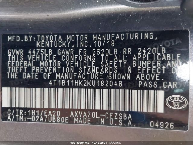 Photo 8 VIN: 4T1B11HK2KU182048 - TOYOTA CAMRY 