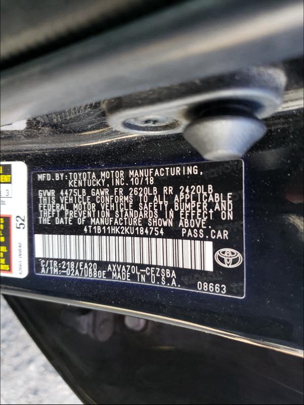 Photo 9 VIN: 4T1B11HK2KU184754 - TOYOTA CAMRY L 