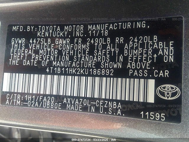 Photo 8 VIN: 4T1B11HK2KU186892 - TOYOTA CAMRY 