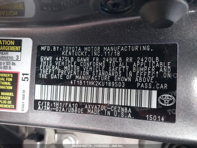 Photo 8 VIN: 4T1B11HK2KU189503 - TOYOTA CAMRY 