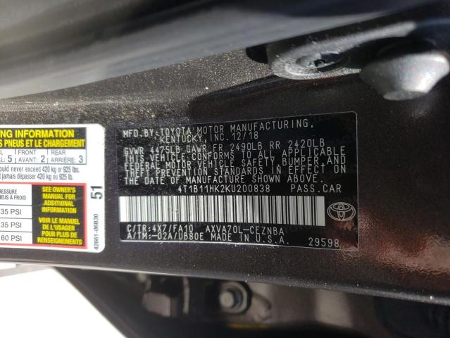 Photo 9 VIN: 4T1B11HK2KU200838 - TOYOTA CAMRY L 