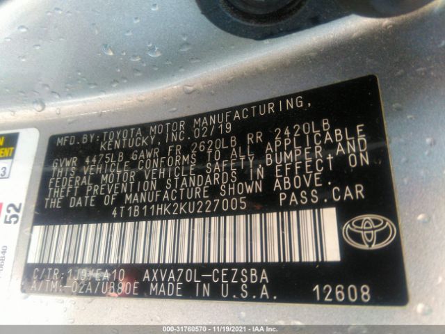 Photo 8 VIN: 4T1B11HK2KU227005 - TOYOTA CAMRY 