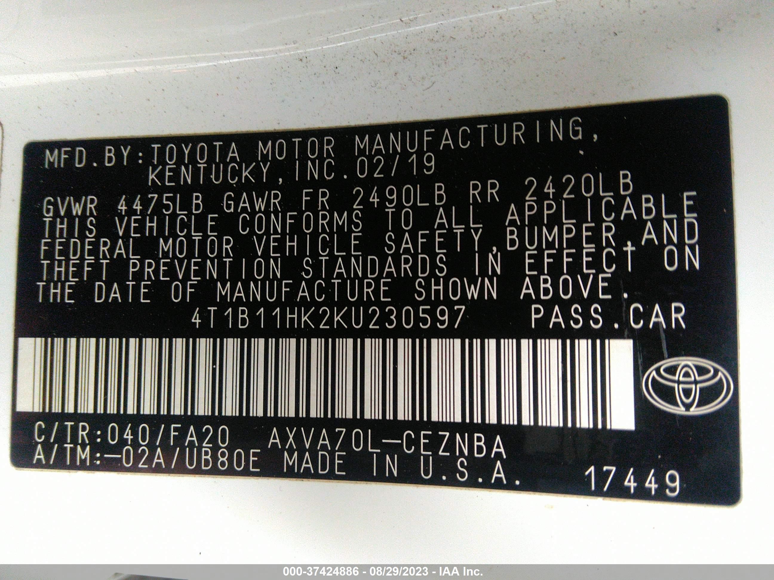 Photo 8 VIN: 4T1B11HK2KU230597 - TOYOTA CAMRY 