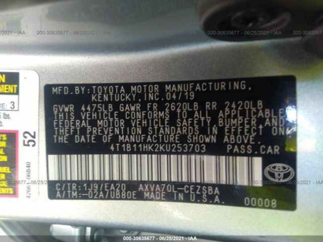 Photo 8 VIN: 4T1B11HK2KU253703 - TOYOTA CAMRY 