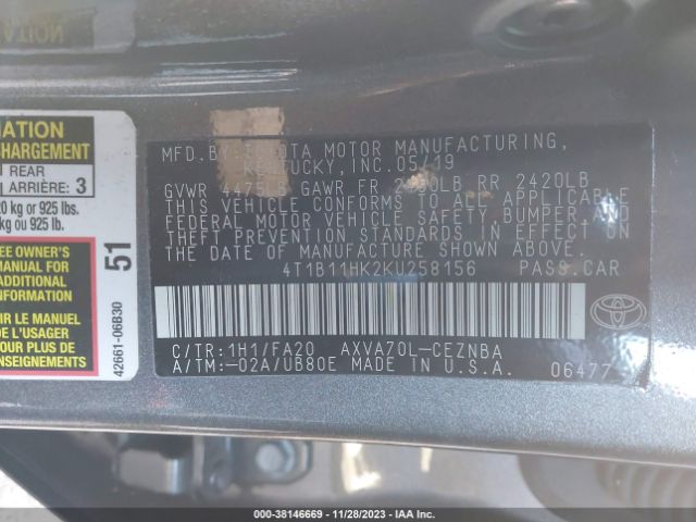 Photo 8 VIN: 4T1B11HK2KU258156 - TOYOTA CAMRY 