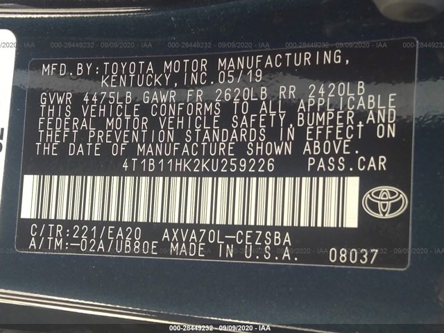 Photo 8 VIN: 4T1B11HK2KU259226 - TOYOTA CAMRY 