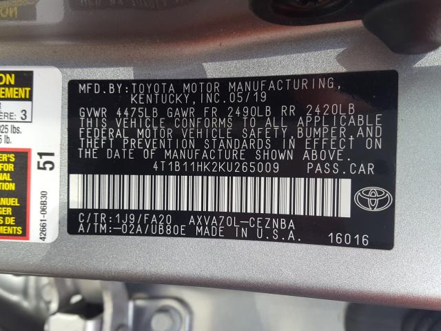 Photo 9 VIN: 4T1B11HK2KU265009 - TOYOTA CAMRY L 