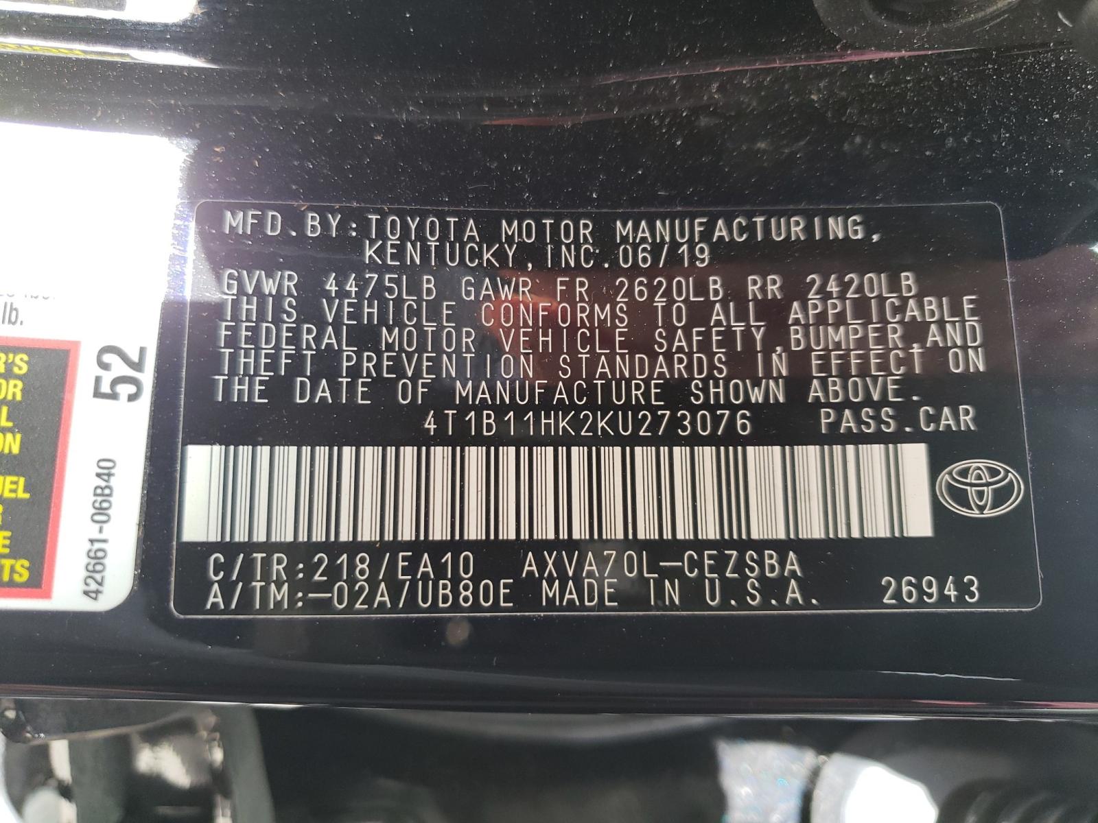 Photo 9 VIN: 4T1B11HK2KU273076 - TOYOTA CAMRY L 