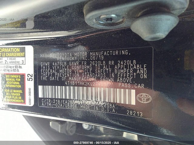 Photo 8 VIN: 4T1B11HK2KU274017 - TOYOTA CAMRY 