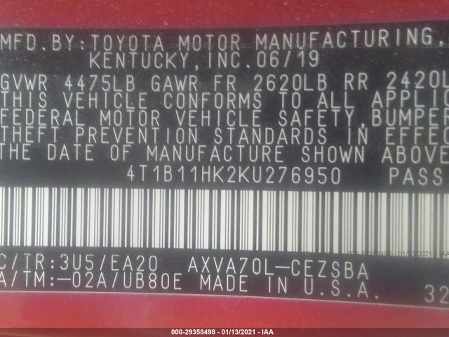 Photo 8 VIN: 4T1B11HK2KU276950 - TOYOTA CAMRY 