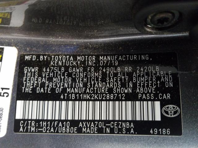 Photo 9 VIN: 4T1B11HK2KU288712 - TOYOTA CAMRY L 