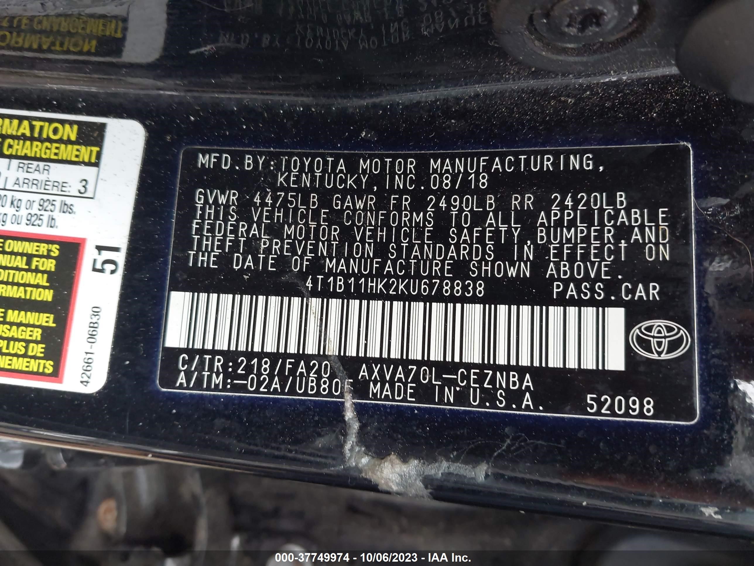 Photo 8 VIN: 4T1B11HK2KU678838 - TOYOTA CAMRY 