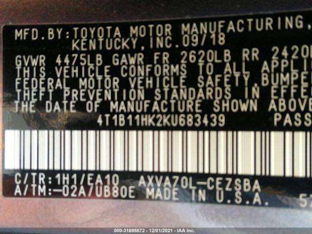 Photo 8 VIN: 4T1B11HK2KU683439 - TOYOTA CAMRY 