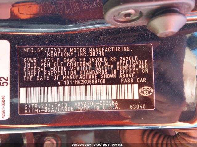 Photo 8 VIN: 4T1B11HK2KU688768 - TOYOTA CAMRY 