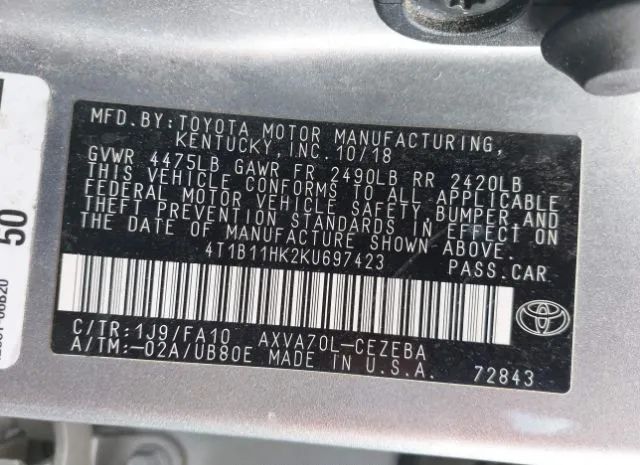 Photo 8 VIN: 4T1B11HK2KU697423 - TOYOTA CAMRY 