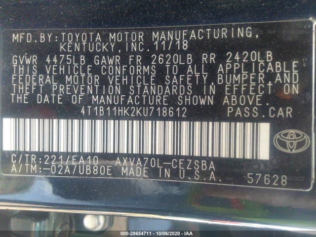 Photo 8 VIN: 4T1B11HK2KU718612 - TOYOTA CAMRY 