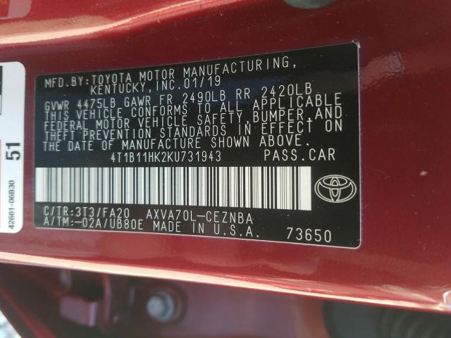 Photo 9 VIN: 4T1B11HK2KU731943 - TOYOTA CAMRY 