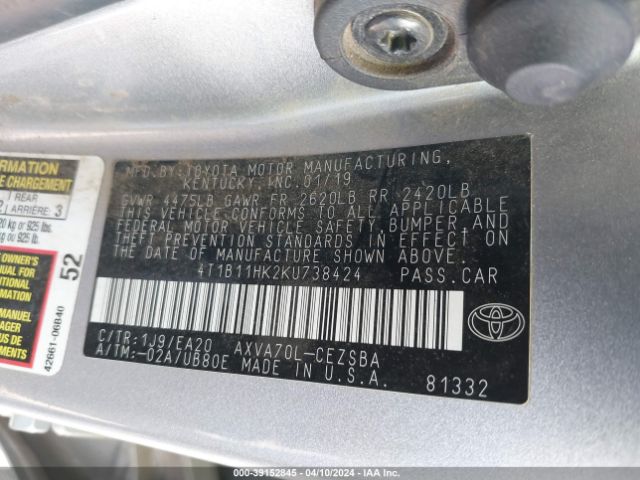 Photo 8 VIN: 4T1B11HK2KU738424 - TOYOTA CAMRY 