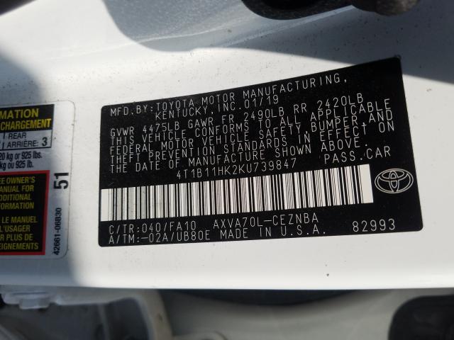 Photo 9 VIN: 4T1B11HK2KU739847 - TOYOTA CAMRY L 